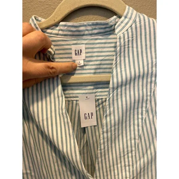 Gap Womens Cotton Blouse Striped Teal White Bib Long Sleeve Size Small - Picture 5 of 7